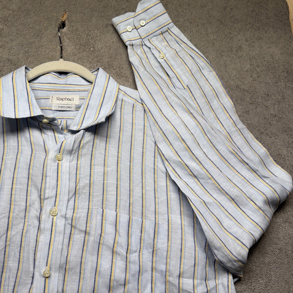 Mens Linen‎ Button Up Shirt Blue Striped Long Sleeve Summer Casual XXL